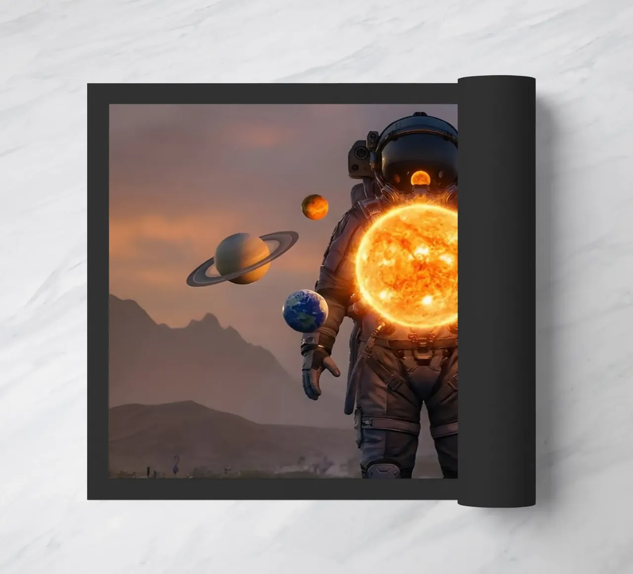 Un astronauta tiene in mano un sole vivente in un surreale regno cosmico zerbino da Cosmic Reverie Creations