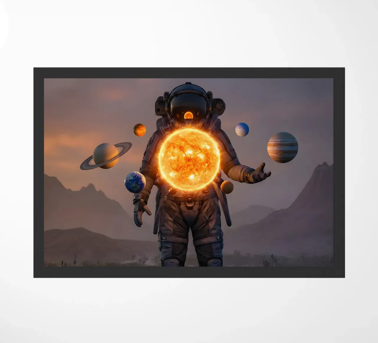 Un astronauta tiene in mano un sole vivente in un surreale regno cosmico zerbino da Cosmic Reverie Creations