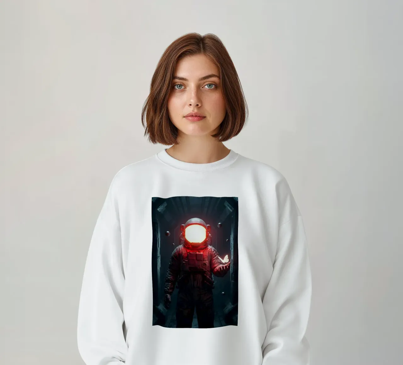 Astronauta di luce con in mano una farfalla in un futuro oscuro felpa da Cosmic Reverie Creations