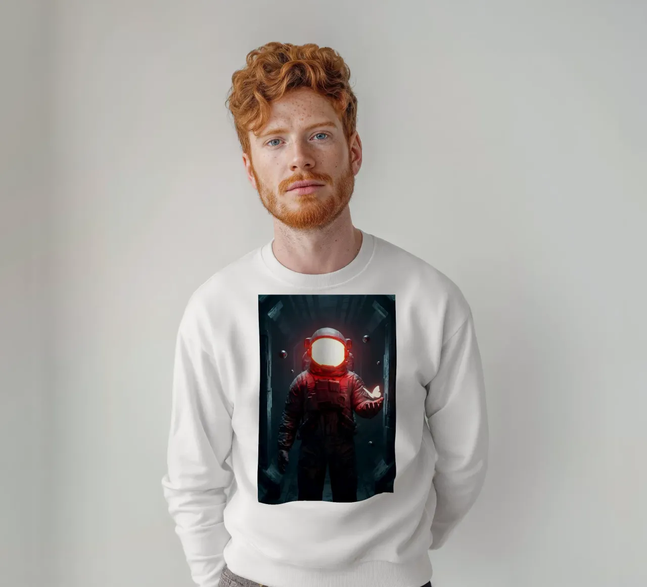 Astronauta di luce con in mano una farfalla in un futuro oscuro felpa da Cosmic Reverie Creations