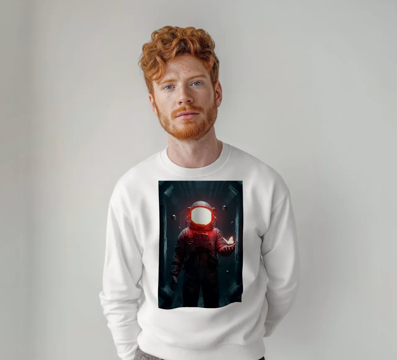 Astronauta di luce con in mano una farfalla in un futuro oscuro felpa da Cosmic Reverie Creations