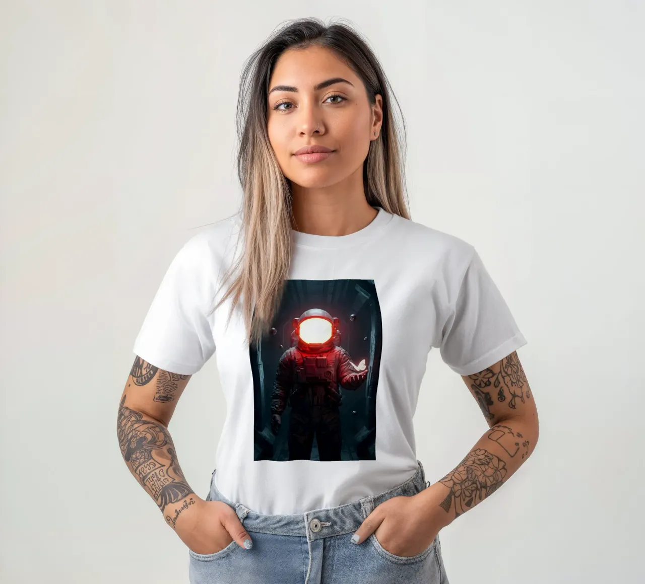 Astronauta di luce con in mano una farfalla in un futuro oscuro t-shirt da Cosmic Reverie Creations