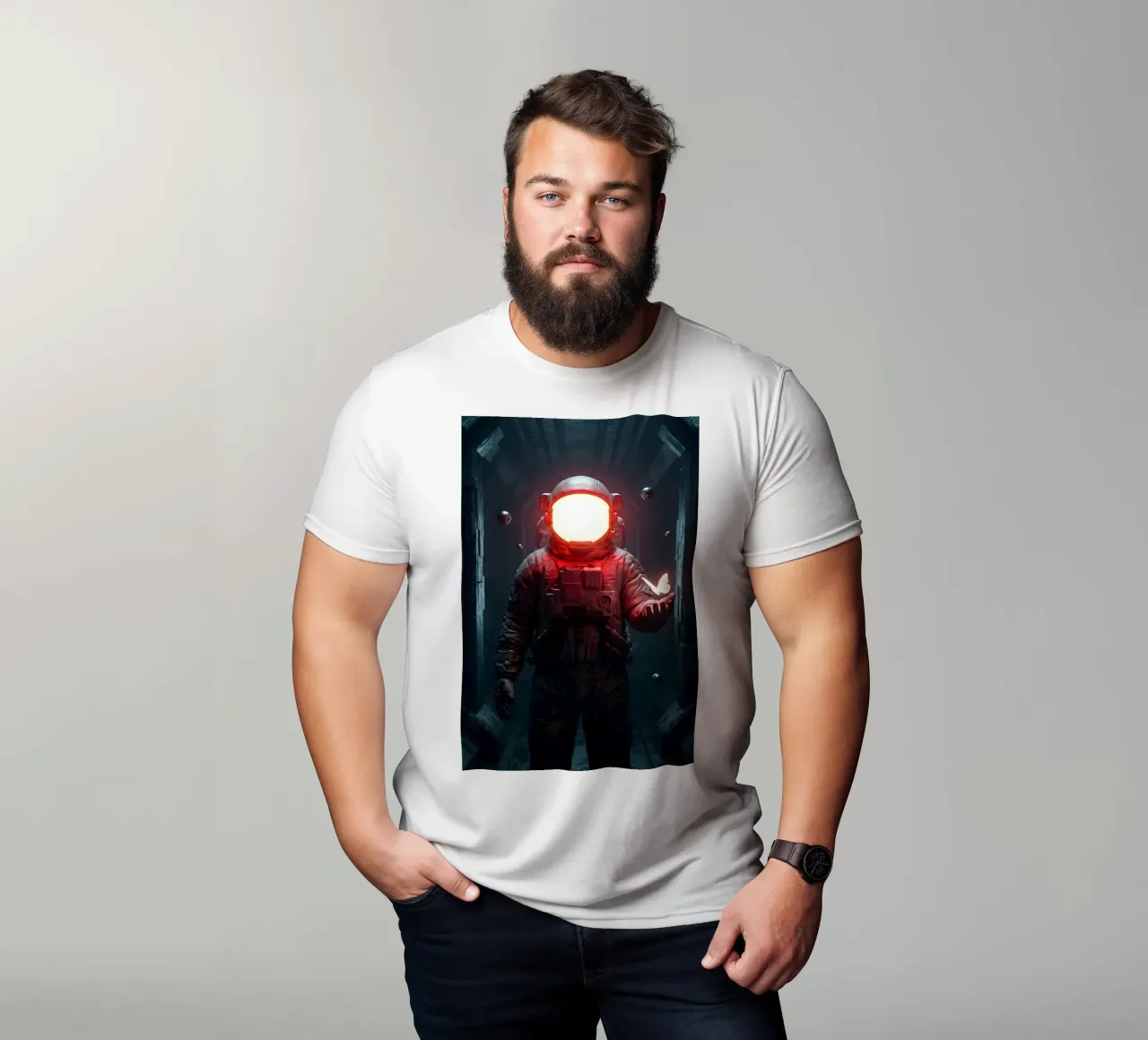 Astronauta di luce con in mano una farfalla in un futuro oscuro t-shirt da Cosmic Reverie Creations