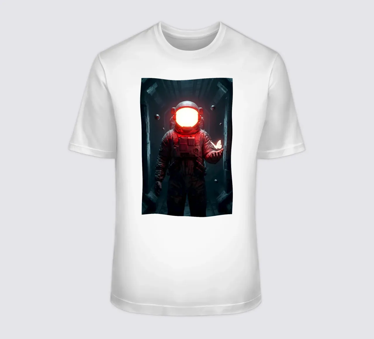Astronauta di luce con in mano una farfalla in un futuro oscuro t-shirt da Cosmic Reverie Creations