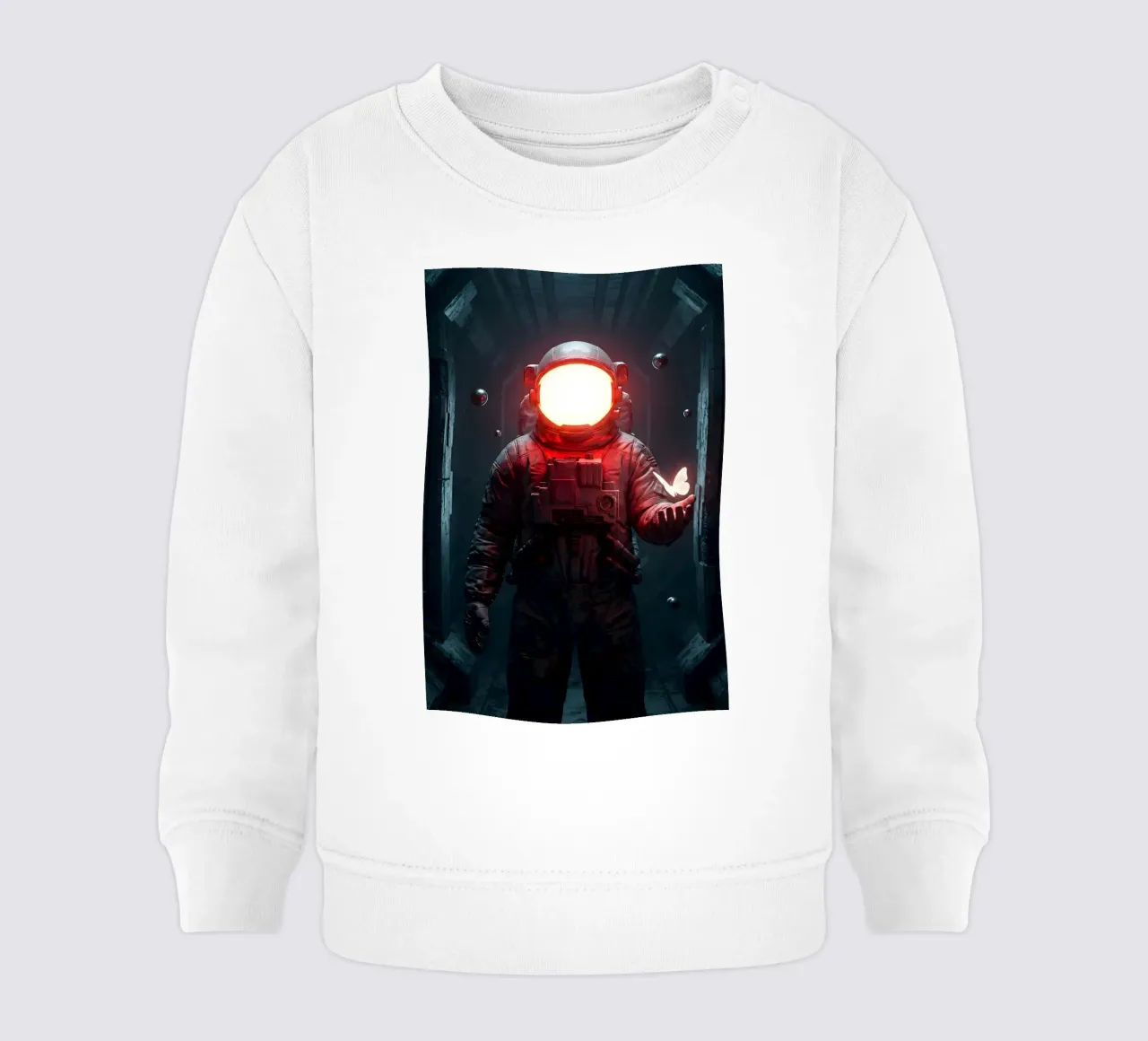Astronauta di luce con in mano una farfalla in un futuro oscuro felpa neonato da Cosmic Reverie Creations