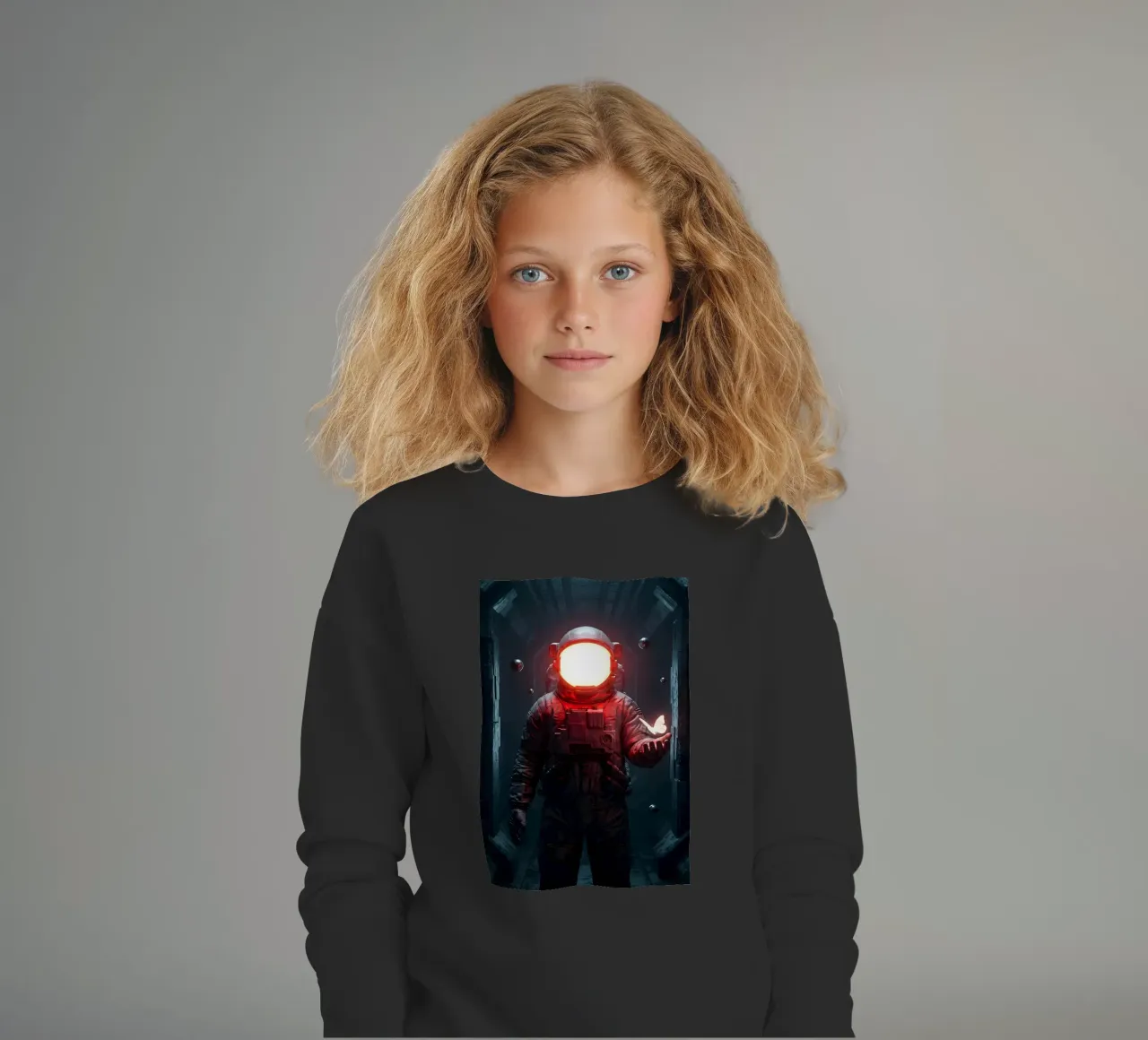 Astronauta di luce con in mano una farfalla in un futuro oscuro felpa bambino da Cosmic Reverie Creations