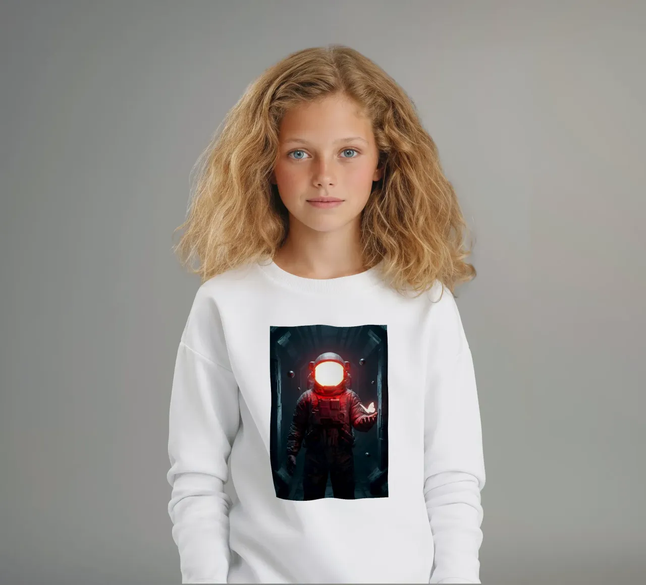 Astronauta di luce con in mano una farfalla in un futuro oscuro felpa bambino da Cosmic Reverie Creations
