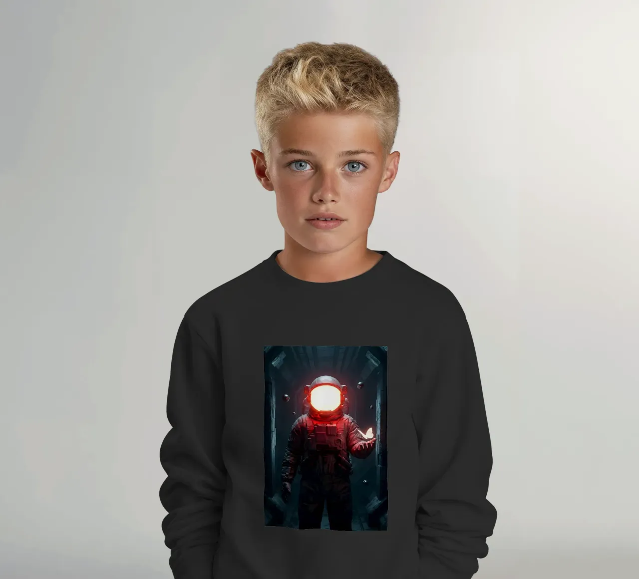 Astronauta di luce con in mano una farfalla in un futuro oscuro felpa bambino da Cosmic Reverie Creations