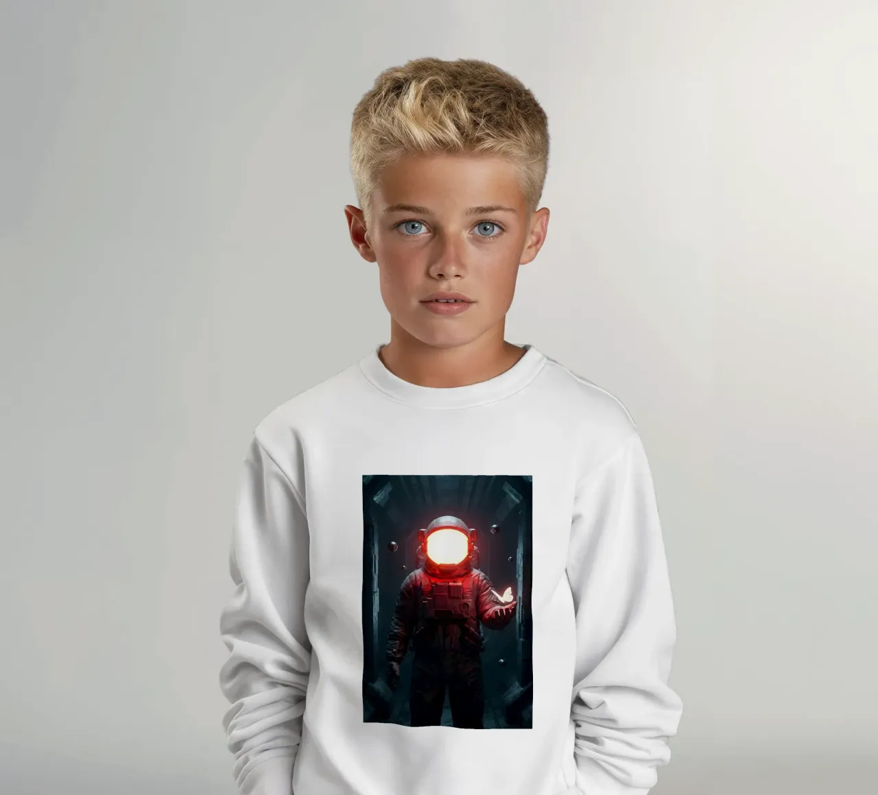 Astronauta di luce con in mano una farfalla in un futuro oscuro felpa bambino da Cosmic Reverie Creations