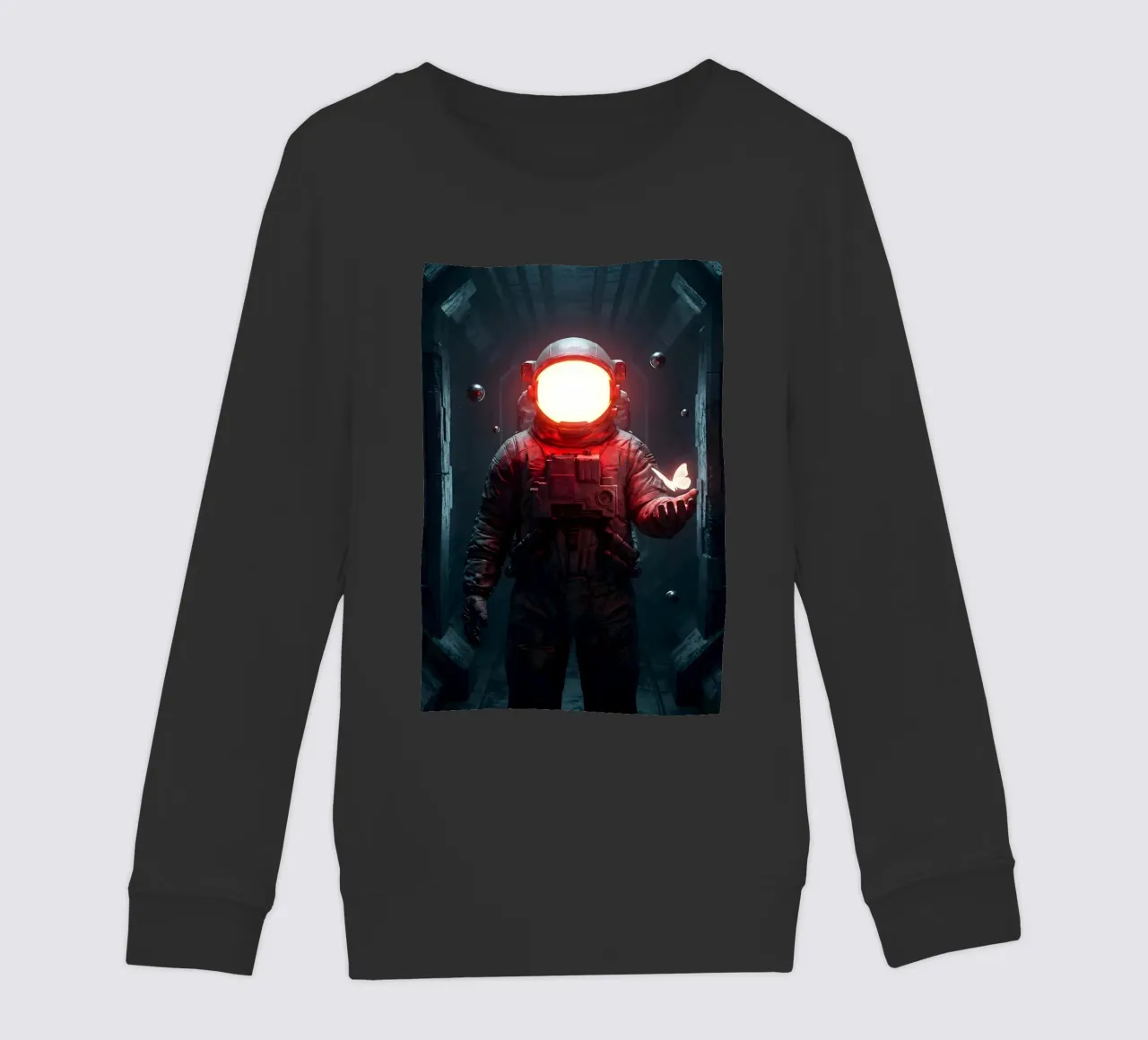 Astronauta di luce con in mano una farfalla in un futuro oscuro felpa bambino da Cosmic Reverie Creations