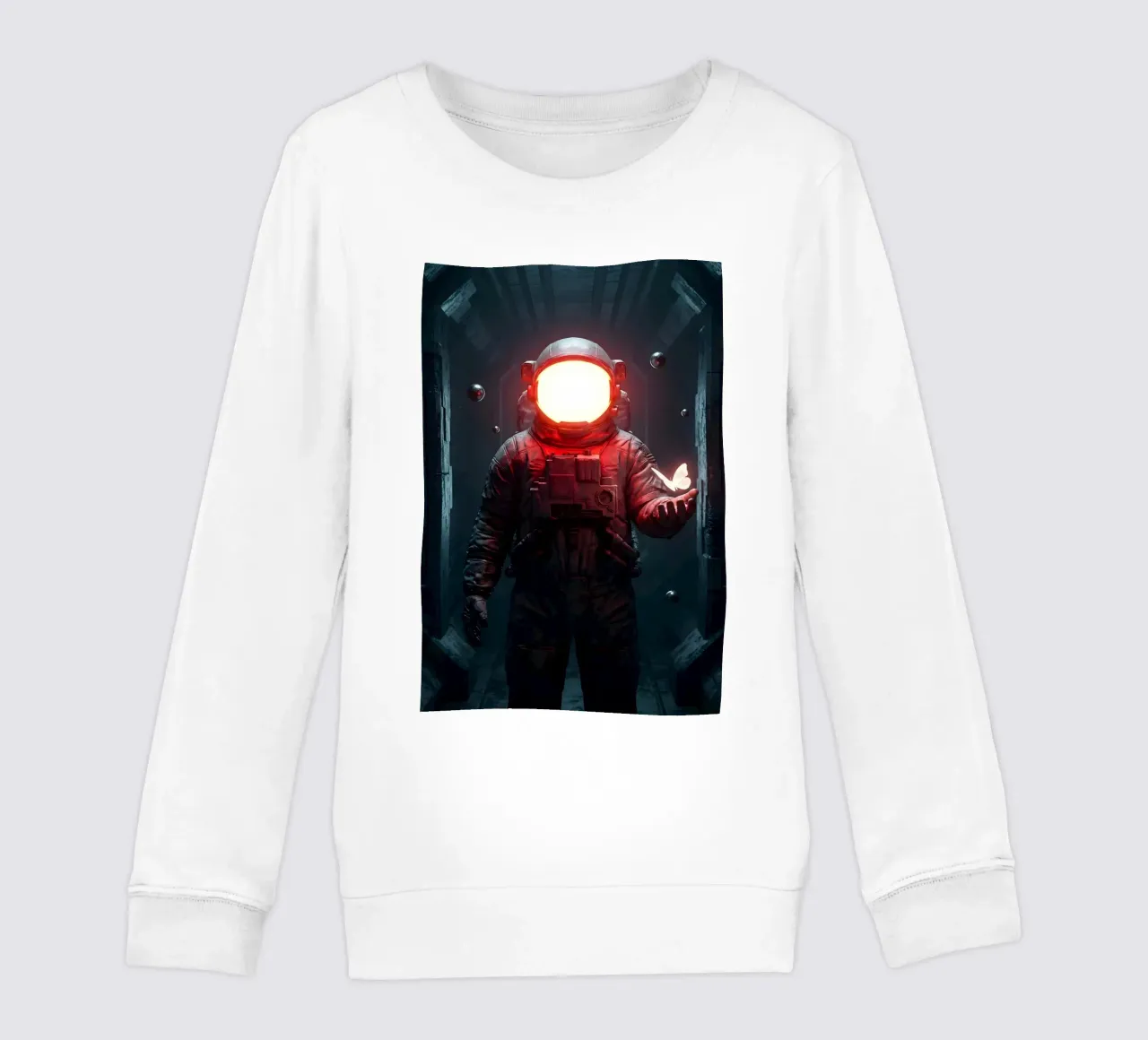 Astronauta di luce con in mano una farfalla in un futuro oscuro felpa bambino da Cosmic Reverie Creations