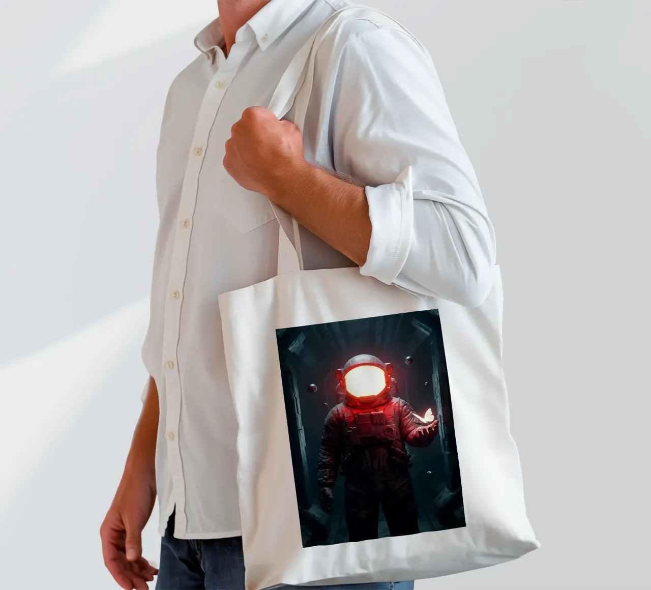 Astronauta di luce con in mano una farfalla in un futuro oscuro borsa in juta da Cosmic Reverie Creations