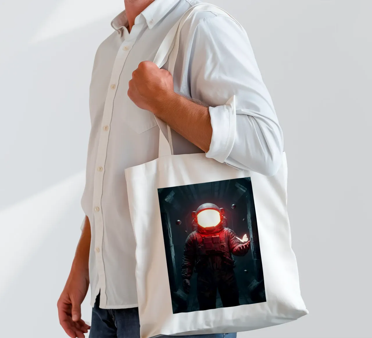 Astronauta di luce con in mano una farfalla in un futuro oscuro borsa in juta da Cosmic Reverie Creations