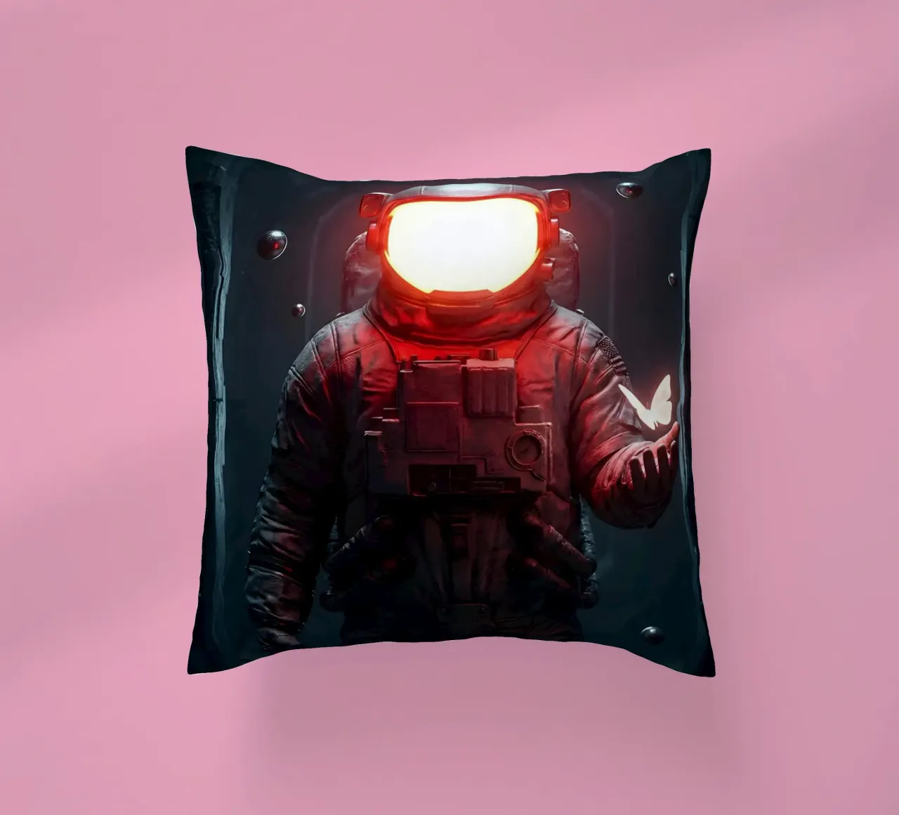 Astronaut des Lichts hält einen Schmetterling in einer dunklen Zukunft Kissen von Cosmic Reverie Creations