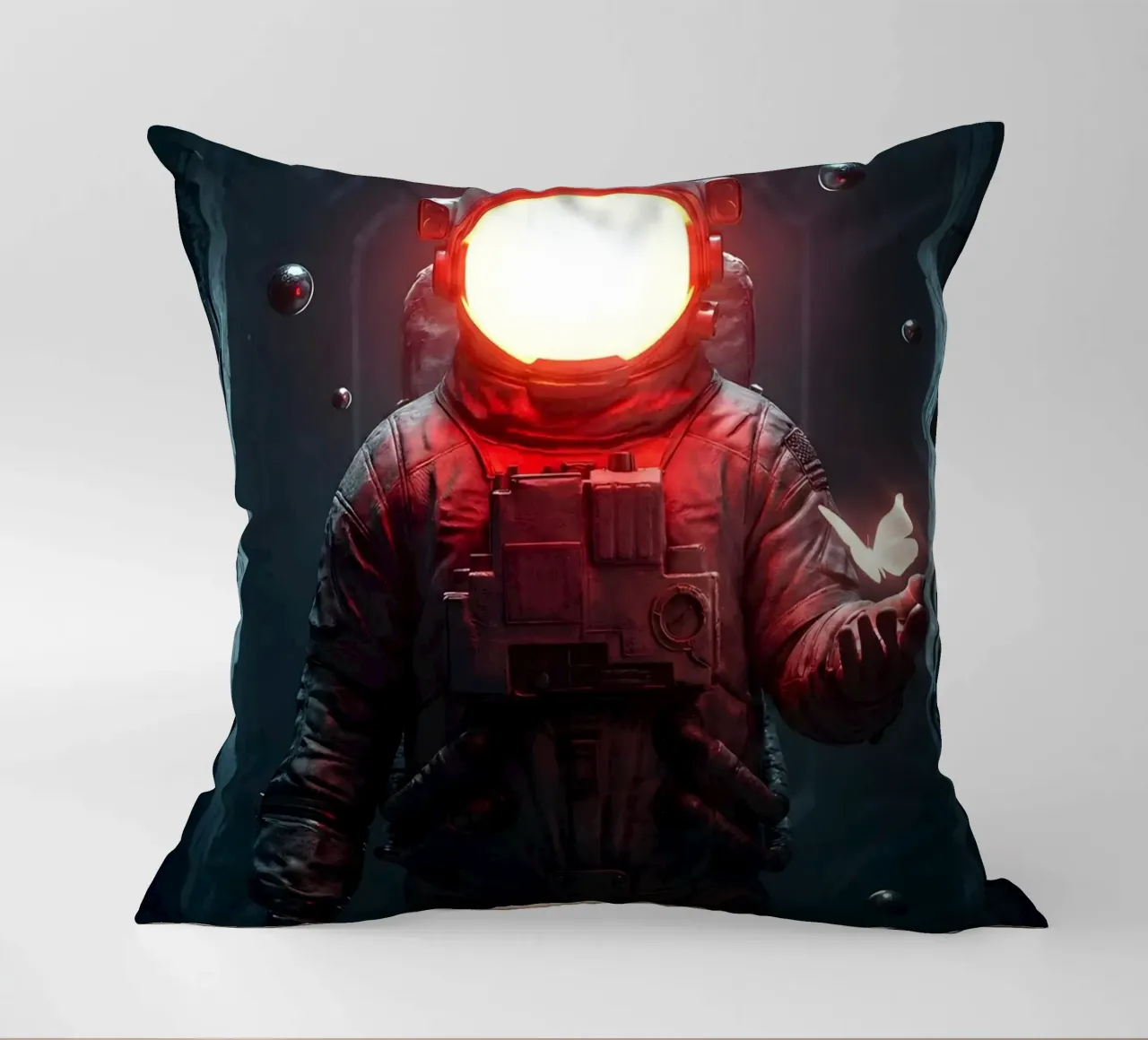 Astronaut des Lichts hält einen Schmetterling in einer dunklen Zukunft Kissen von Cosmic Reverie Creations