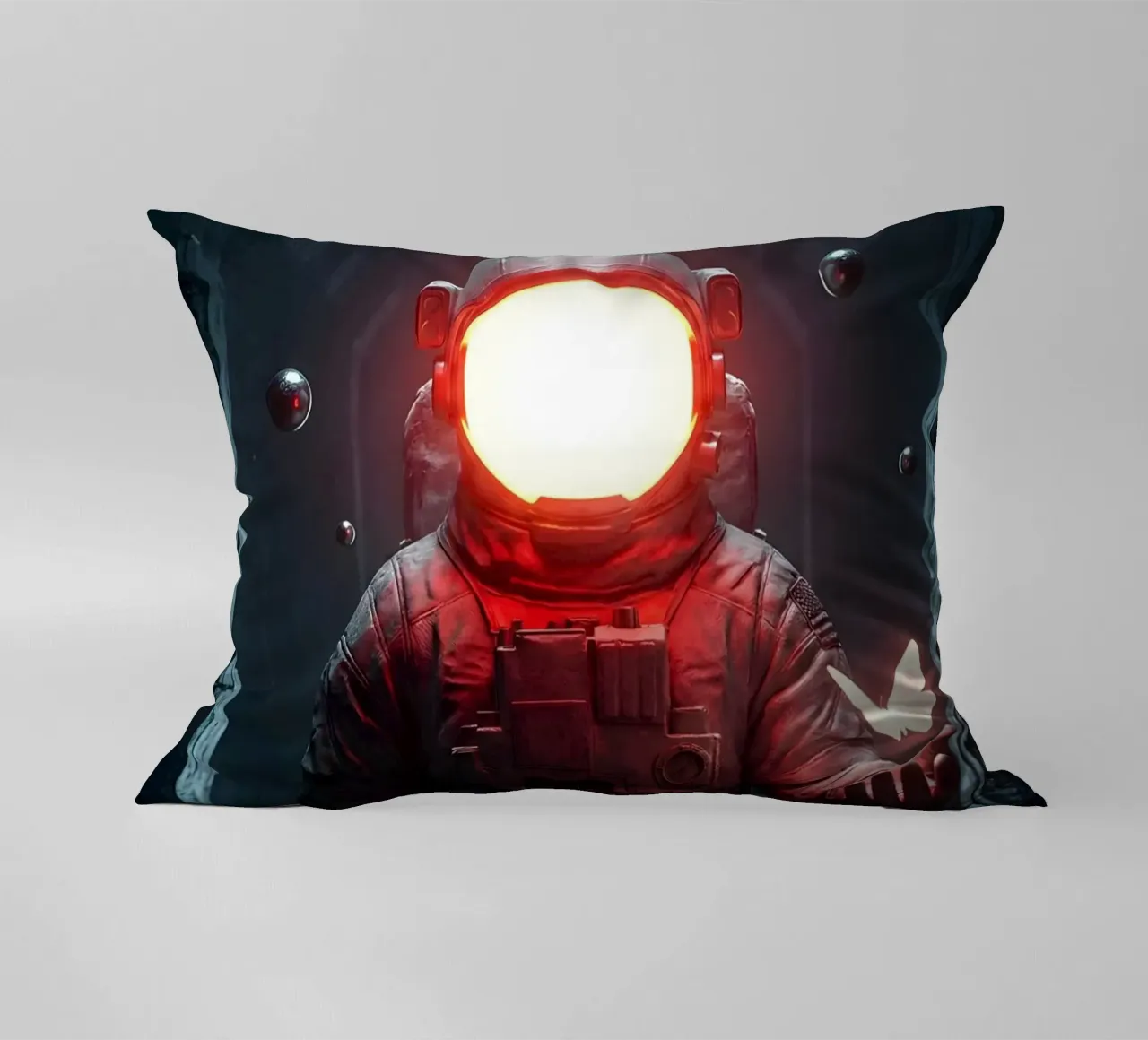 Astronauta di luce con in mano una farfalla in un futuro oscuro cuscino da Cosmic Reverie Creations
