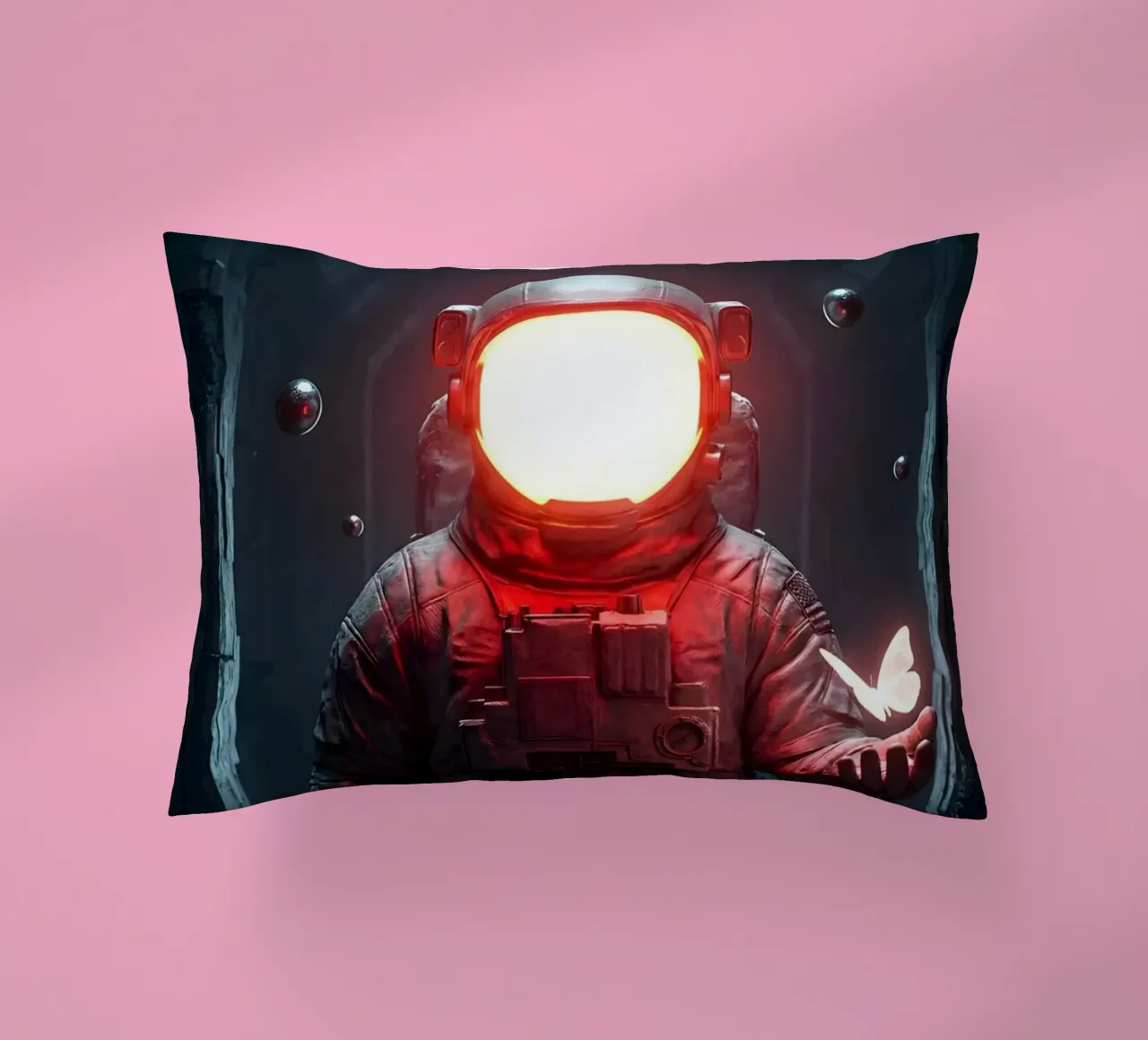 Astronaut des Lichts hält einen Schmetterling in einer dunklen Zukunft Kissen von Cosmic Reverie Creations