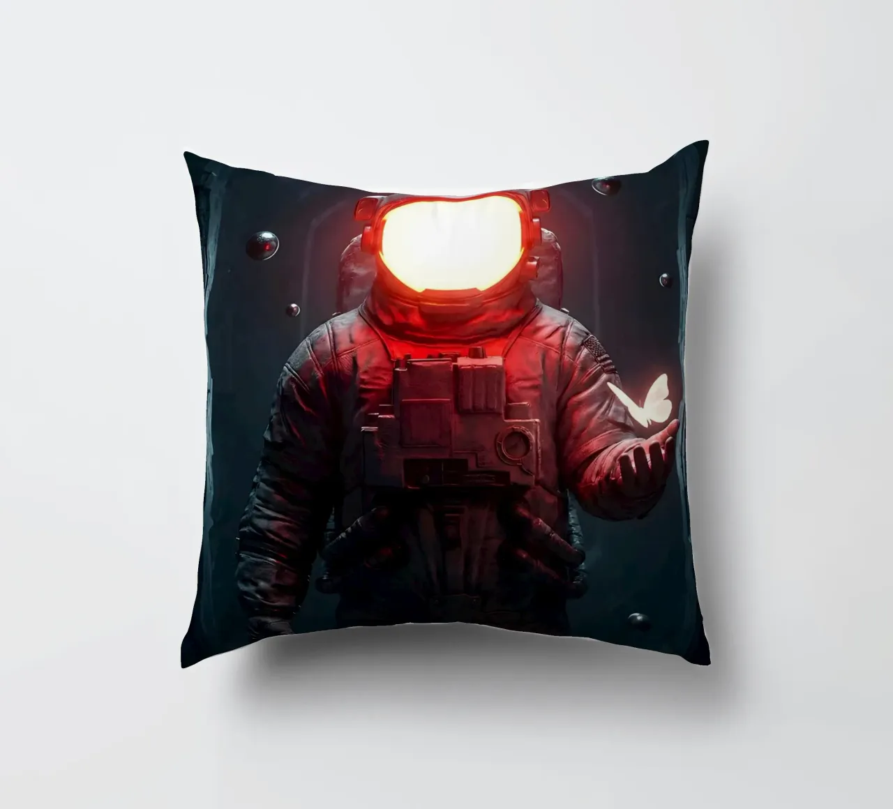 Astronauta di luce con in mano una farfalla in un futuro oscuro cuscino da Cosmic Reverie Creations