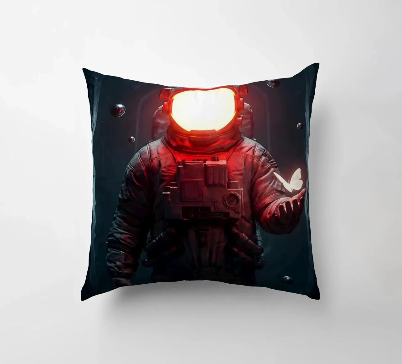 Astronaut des Lichts hält einen Schmetterling in einer dunklen Zukunft Kissen von Cosmic Reverie Creations