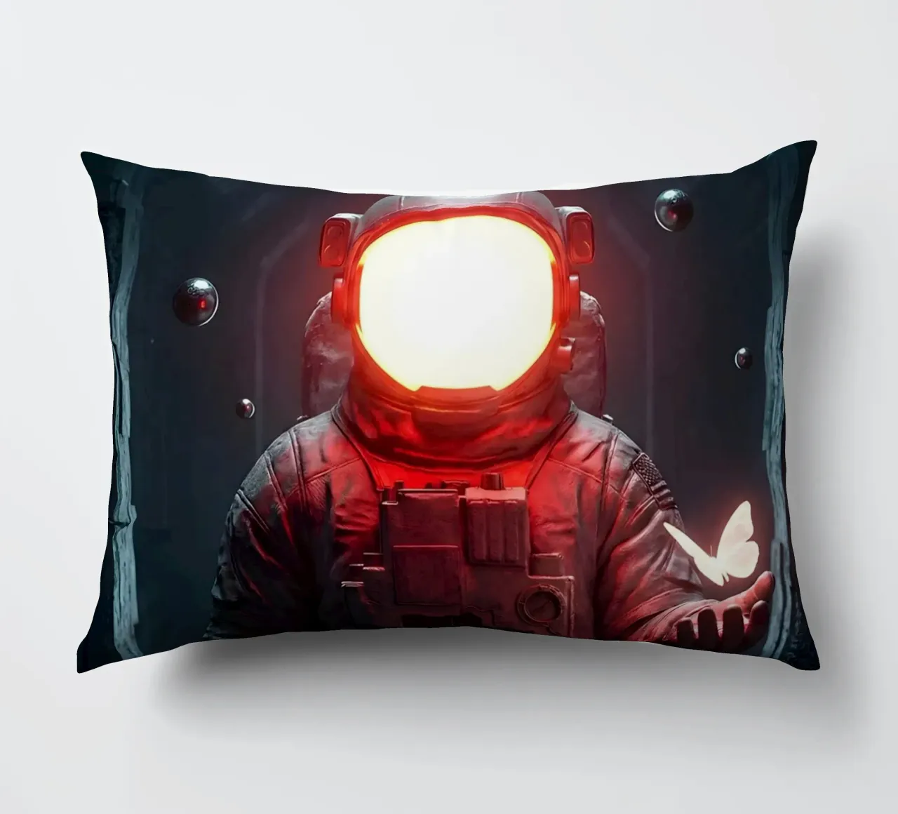 Astronauta di luce con in mano una farfalla in un futuro oscuro cuscino da Cosmic Reverie Creations