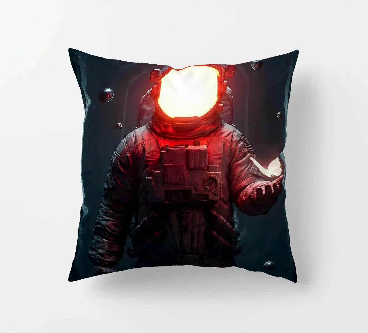Astronauta di luce con in mano una farfalla in un futuro oscuro cuscino da Cosmic Reverie Creations