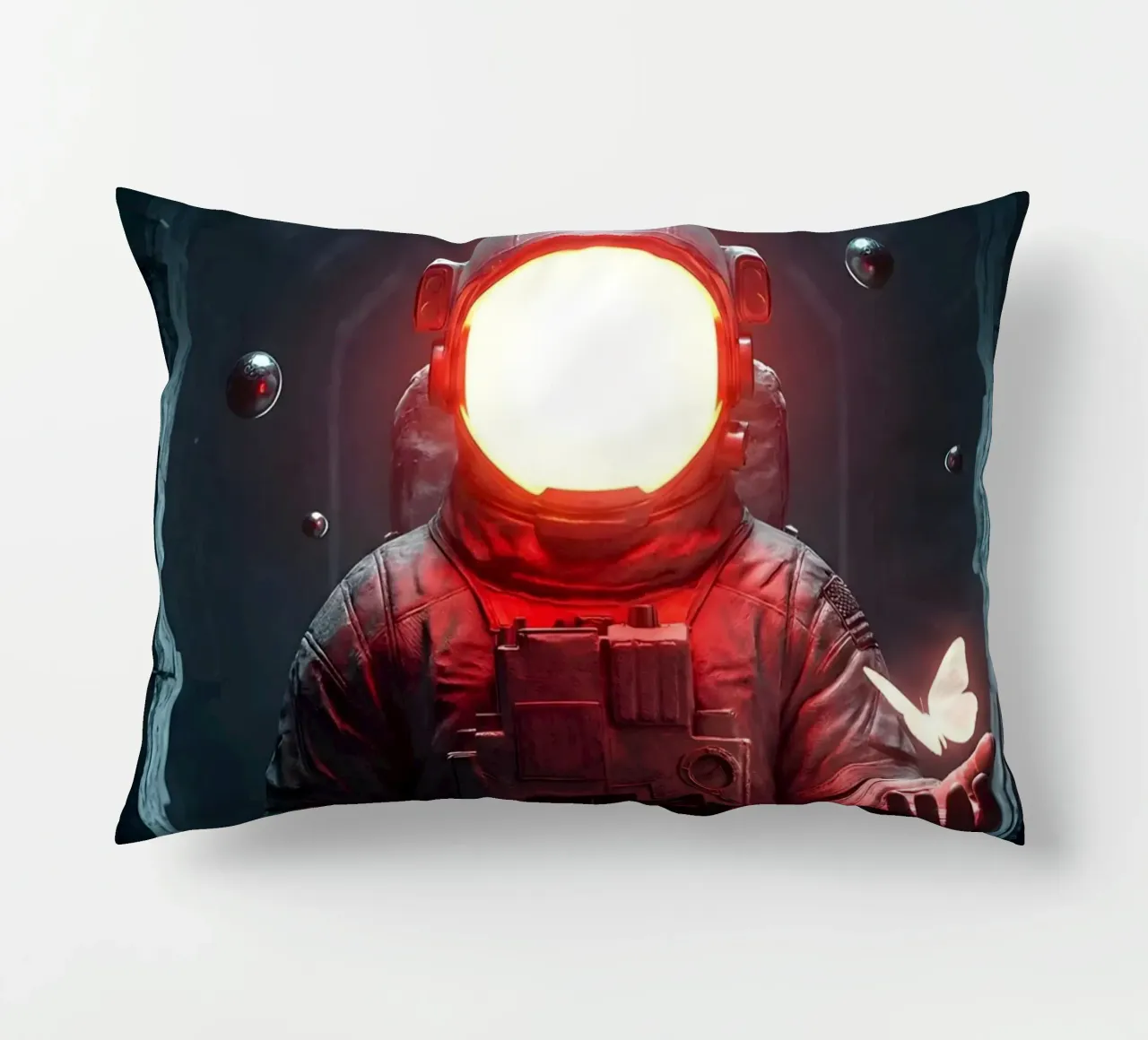 Astronauta di luce con in mano una farfalla in un futuro oscuro cuscino da Cosmic Reverie Creations