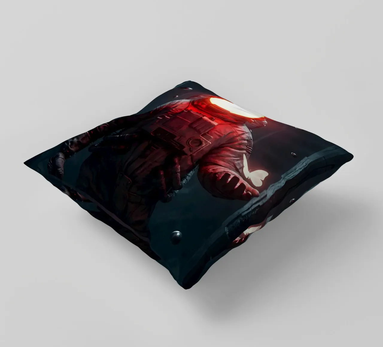 Astronaut des Lichts hält einen Schmetterling in einer dunklen Zukunft Kissen von Cosmic Reverie Creations