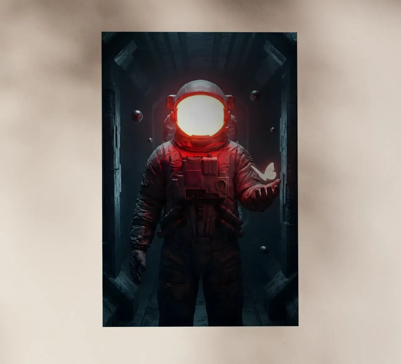 Astronauta di luce con in mano una farfalla in un futuro oscuro pellicola backlit da Cosmic Reverie Creations