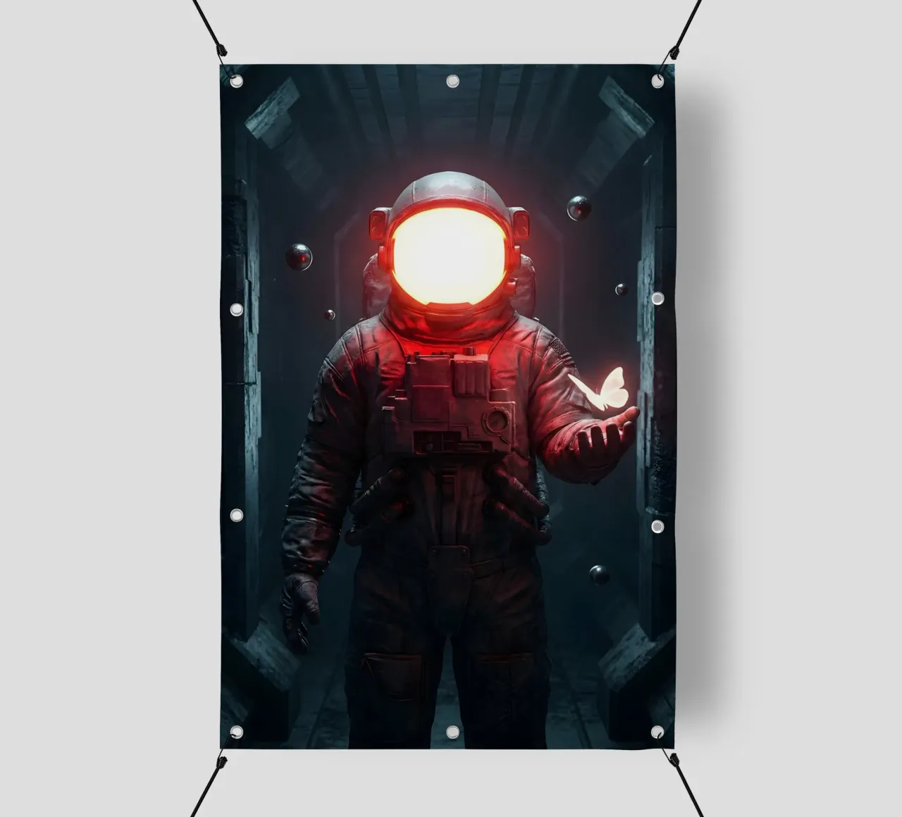 Astronauta di luce con in mano una farfalla in un futuro oscuro telo in pvc da Cosmic Reverie Creations