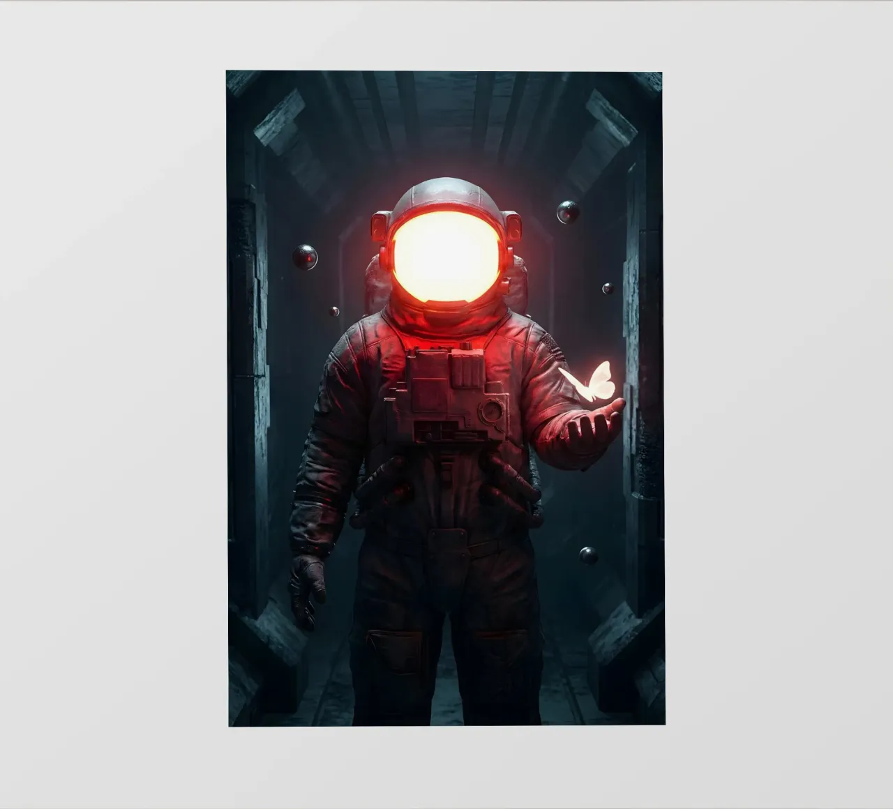 Astronauta di luce con in mano una farfalla in un futuro oscuro telo in pvc da Cosmic Reverie Creations