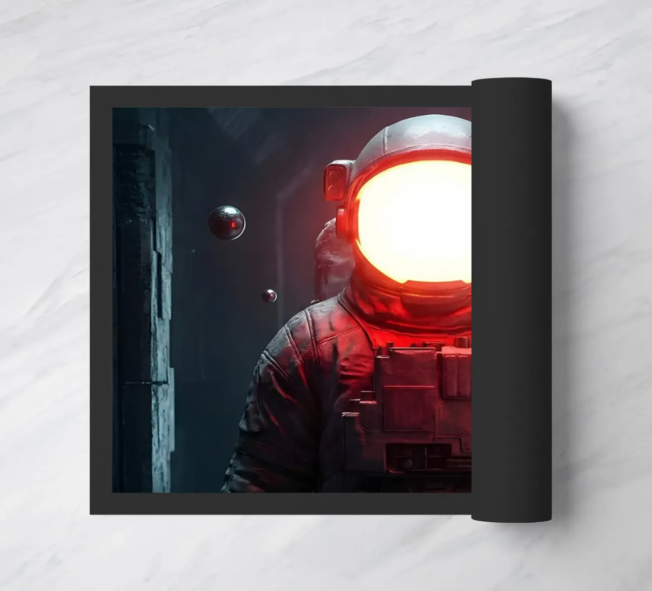 Astronauta di luce con in mano una farfalla in un futuro oscuro zerbino da Cosmic Reverie Creations