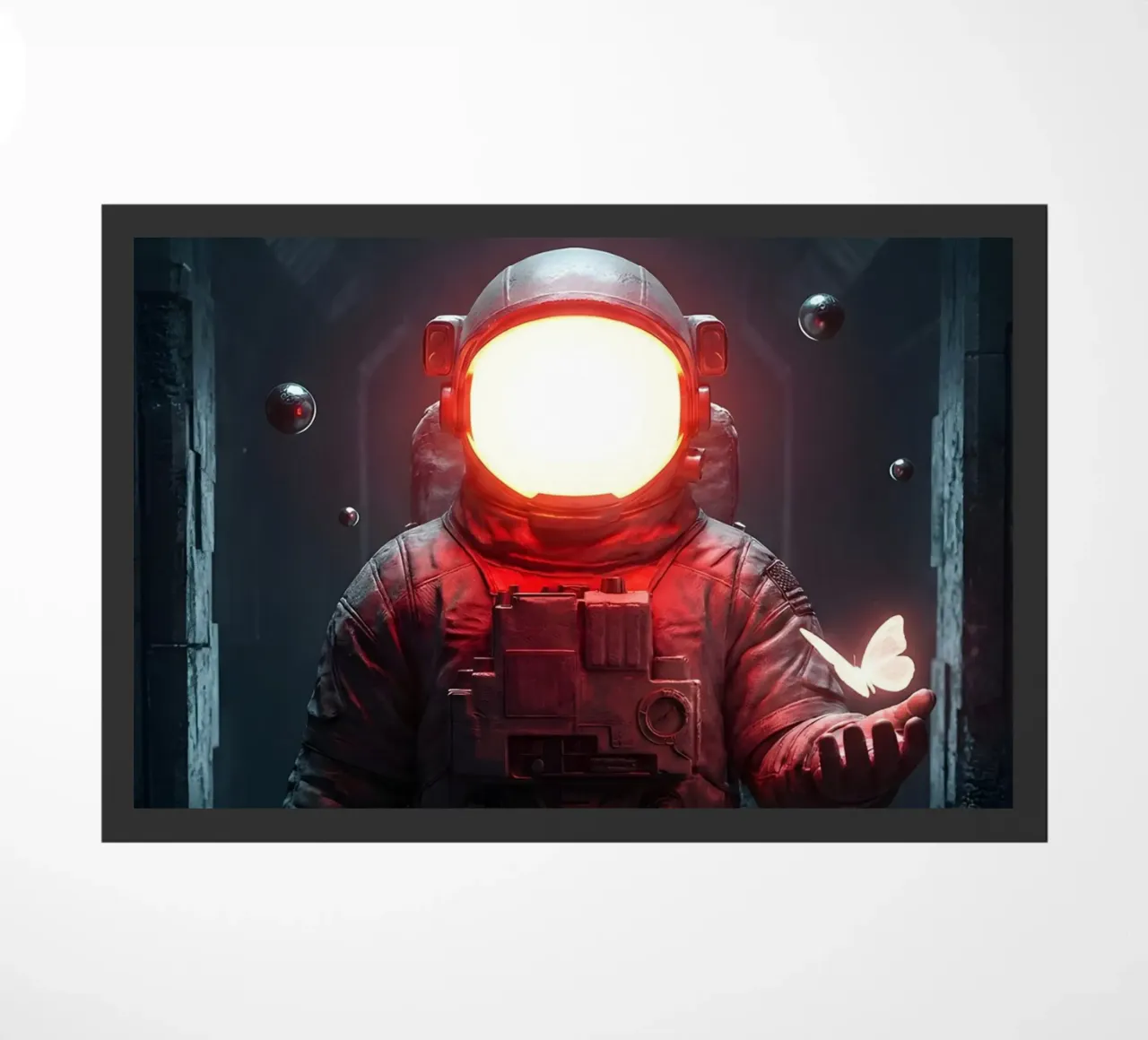 Astronauta di luce con in mano una farfalla in un futuro oscuro zerbino da Cosmic Reverie Creations