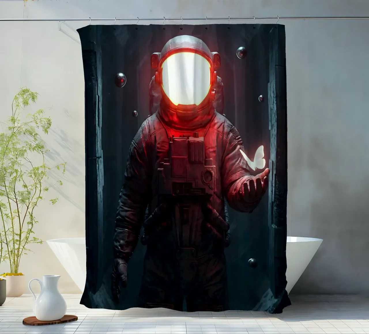 Astronauta di luce con in mano una farfalla in un futuro oscuro tenda da doccia da Cosmic Reverie Creations