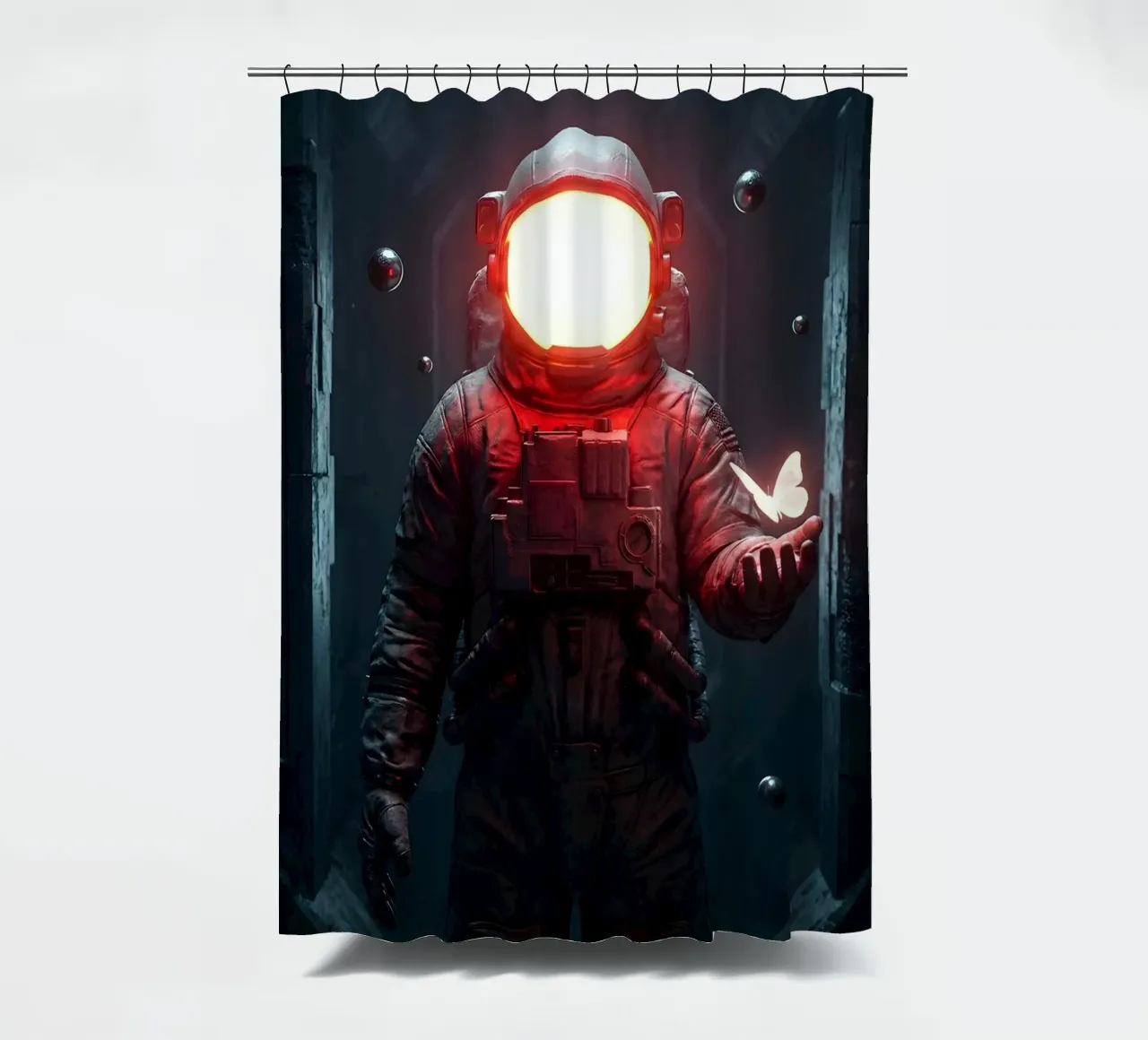 Astronauta di luce con in mano una farfalla in un futuro oscuro tenda da doccia da Cosmic Reverie Creations