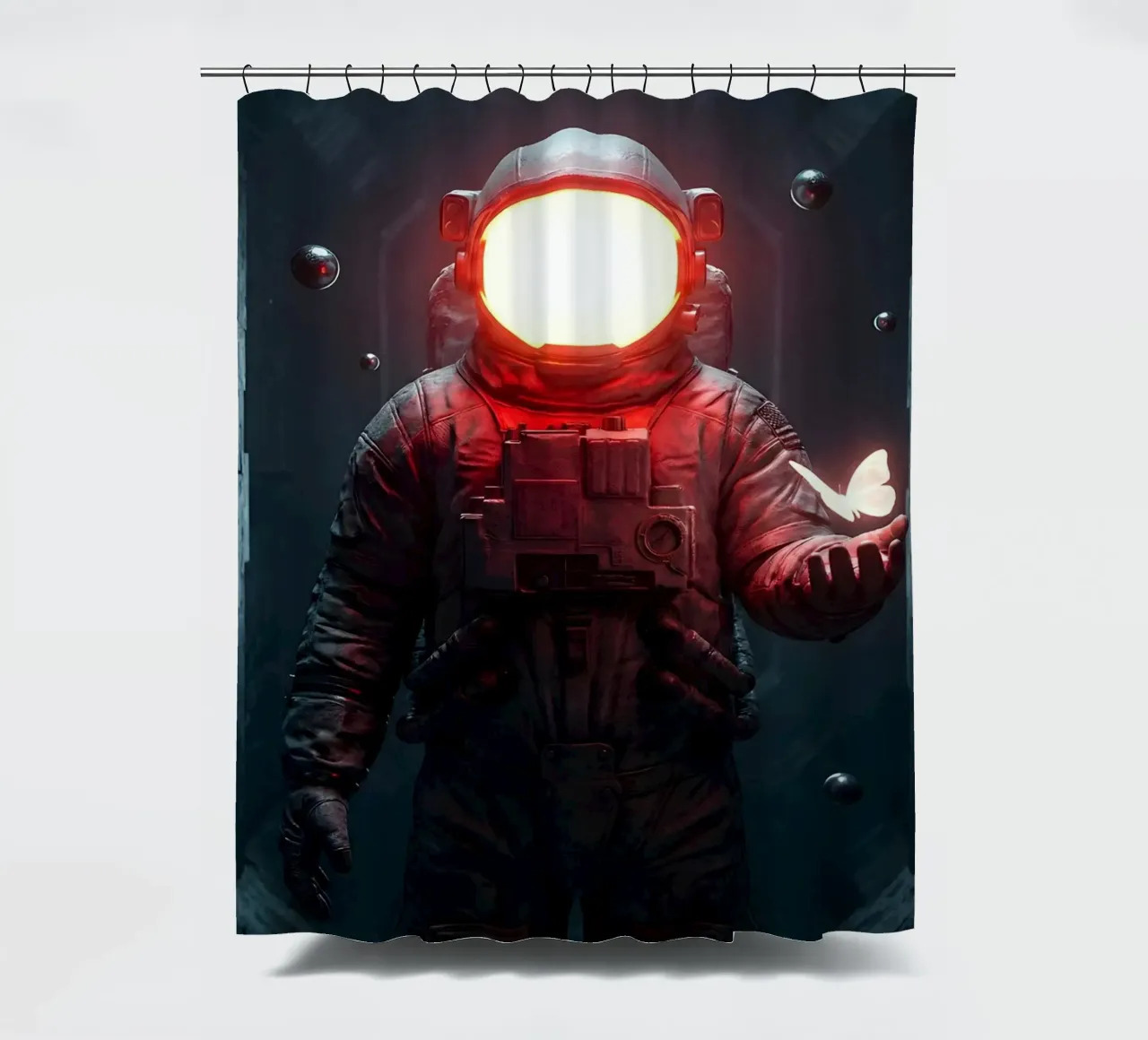 Astronauta di luce con in mano una farfalla in un futuro oscuro tenda da doccia da Cosmic Reverie Creations