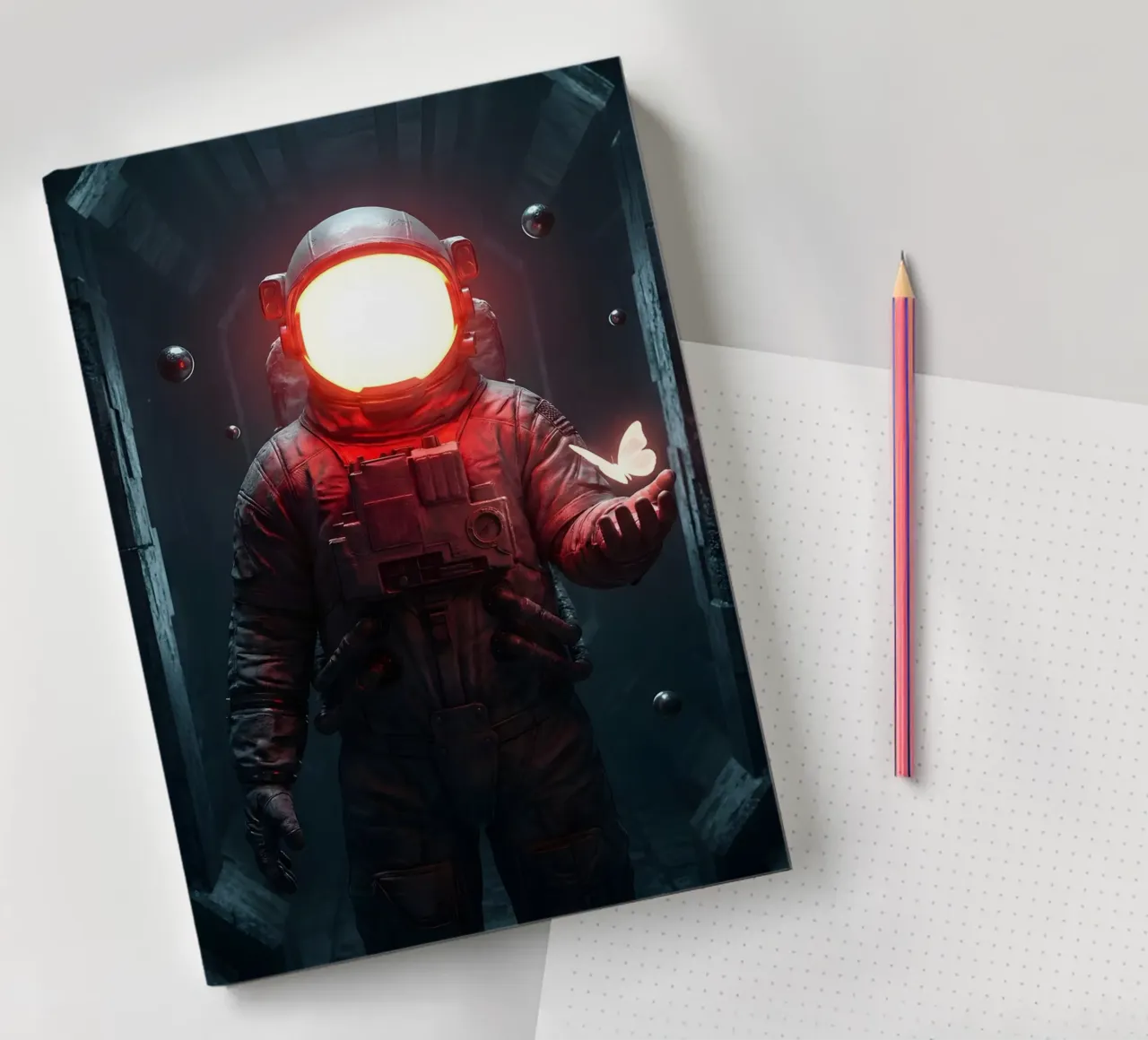 Astronauta di luce con in mano una farfalla in un futuro oscuro diario da Cosmic Reverie Creations