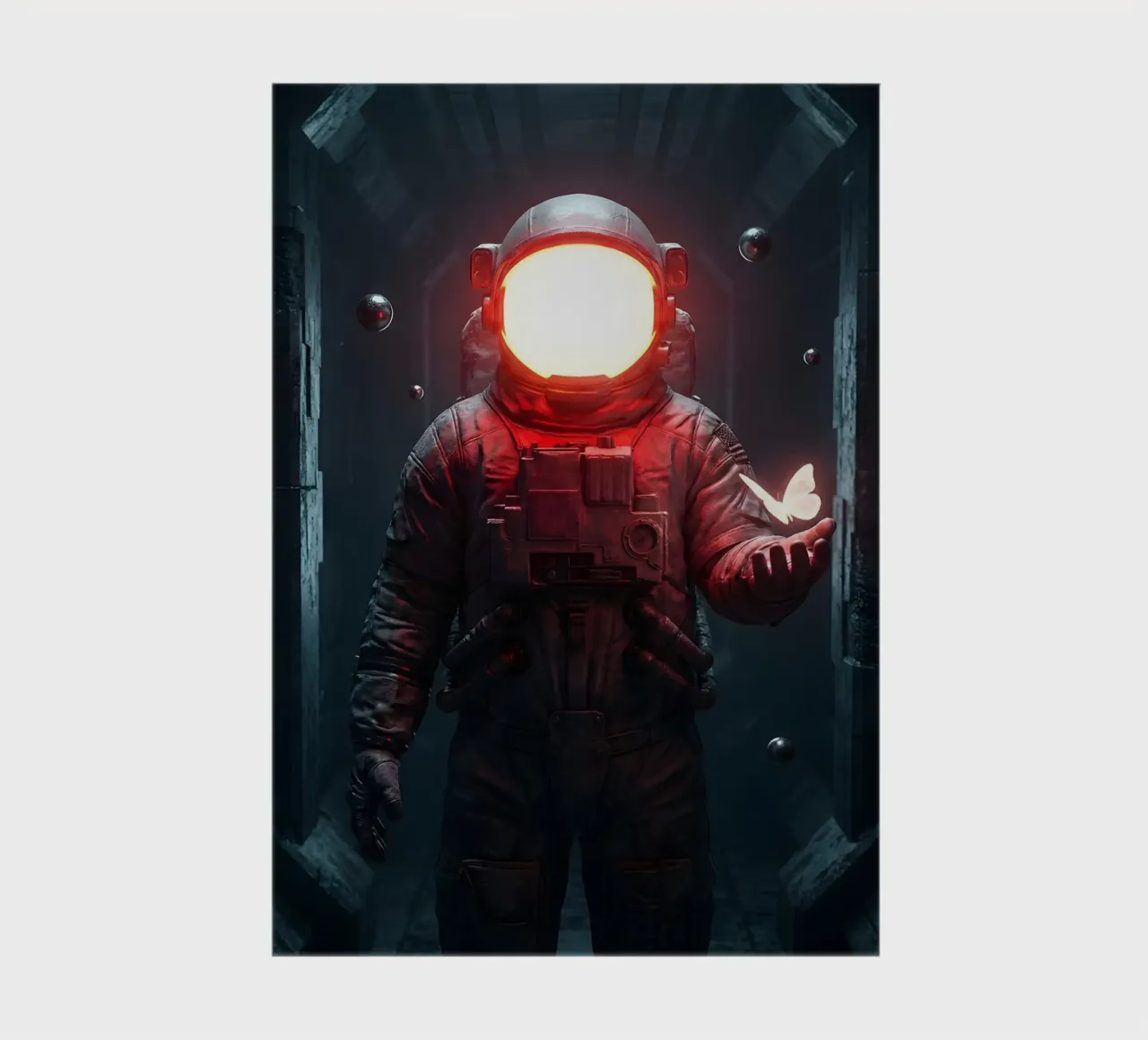 Astronauta di luce con in mano una farfalla in un futuro oscuro diario da Cosmic Reverie Creations