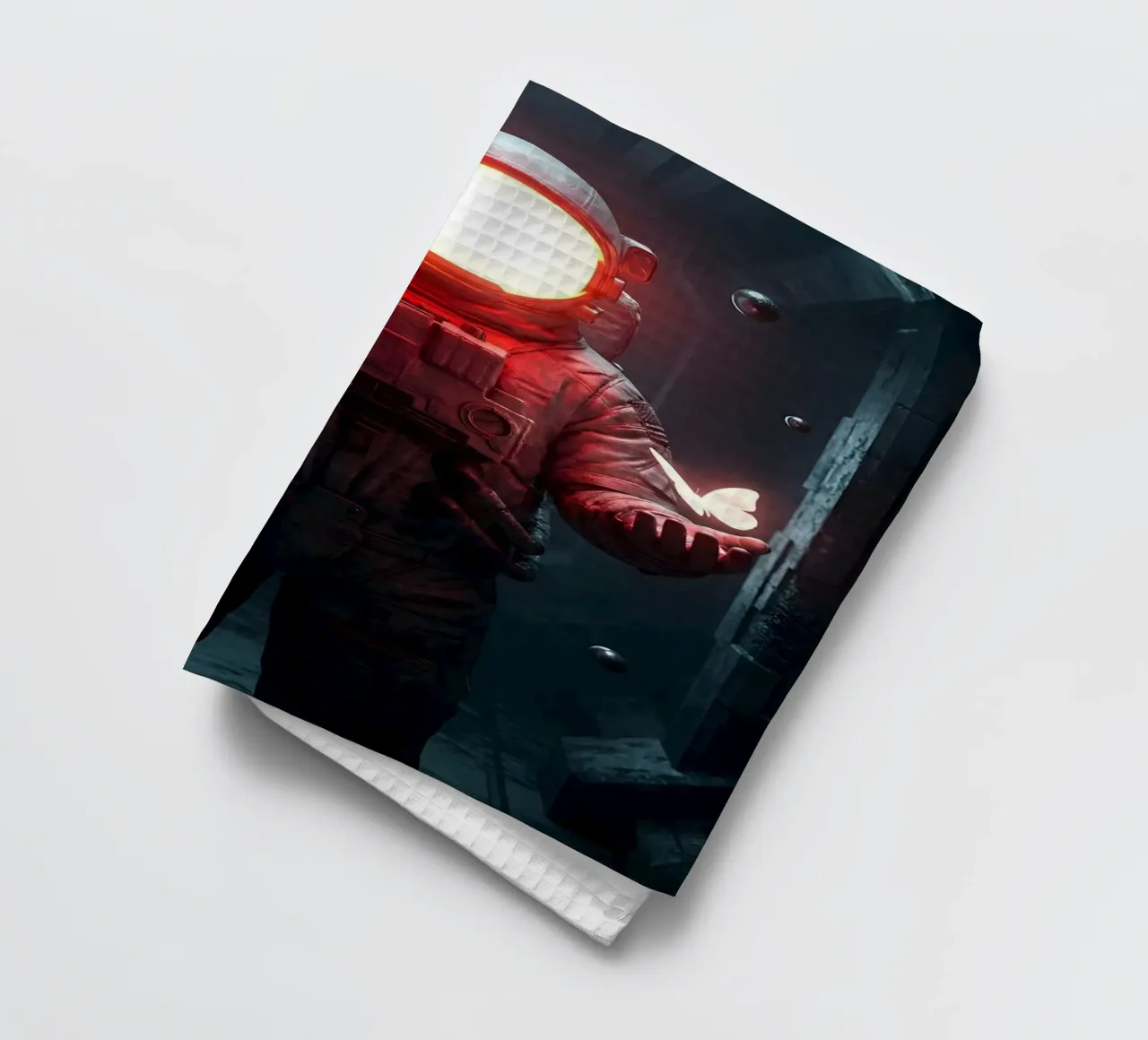 Astronauta di luce con in mano una farfalla in un futuro oscuro canovaccio da cucina da Cosmic Reverie Creations