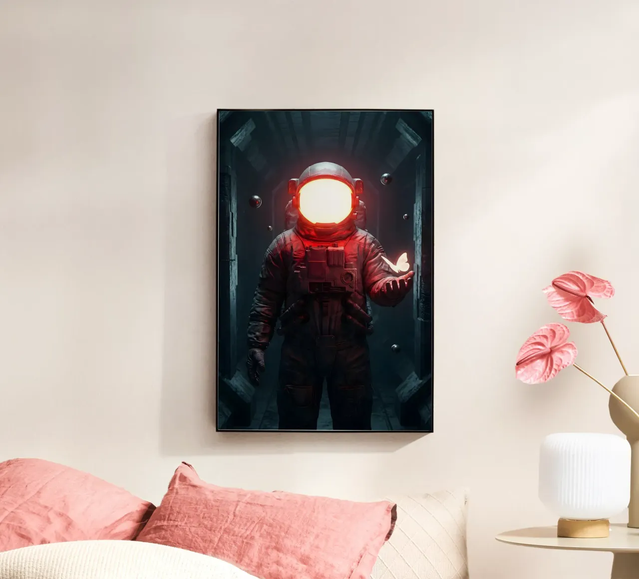 Astronauta di luce con in mano una farfalla in un futuro oscuro plexiglass da Cosmic Reverie Creations