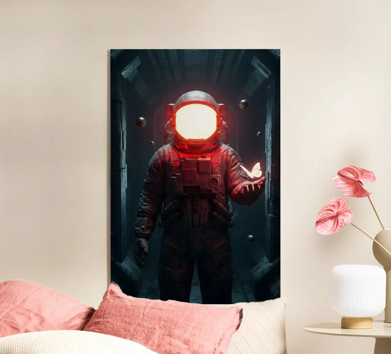 Astronauta di luce con in mano una farfalla in un futuro oscuro plexiglass da Cosmic Reverie Creations