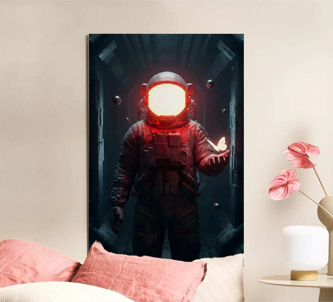 Astronauta di luce con in mano una farfalla in un futuro oscuro pannello forex da Cosmic Reverie Creations