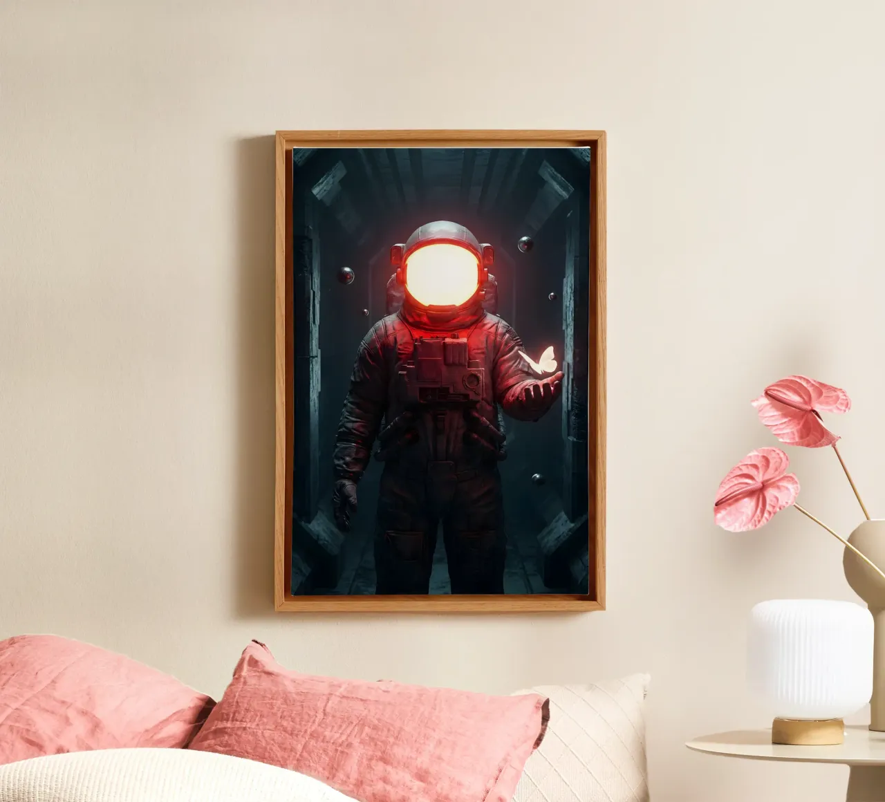 Astronauta di luce con in mano una farfalla in un futuro oscuro tela da Cosmic Reverie Creations