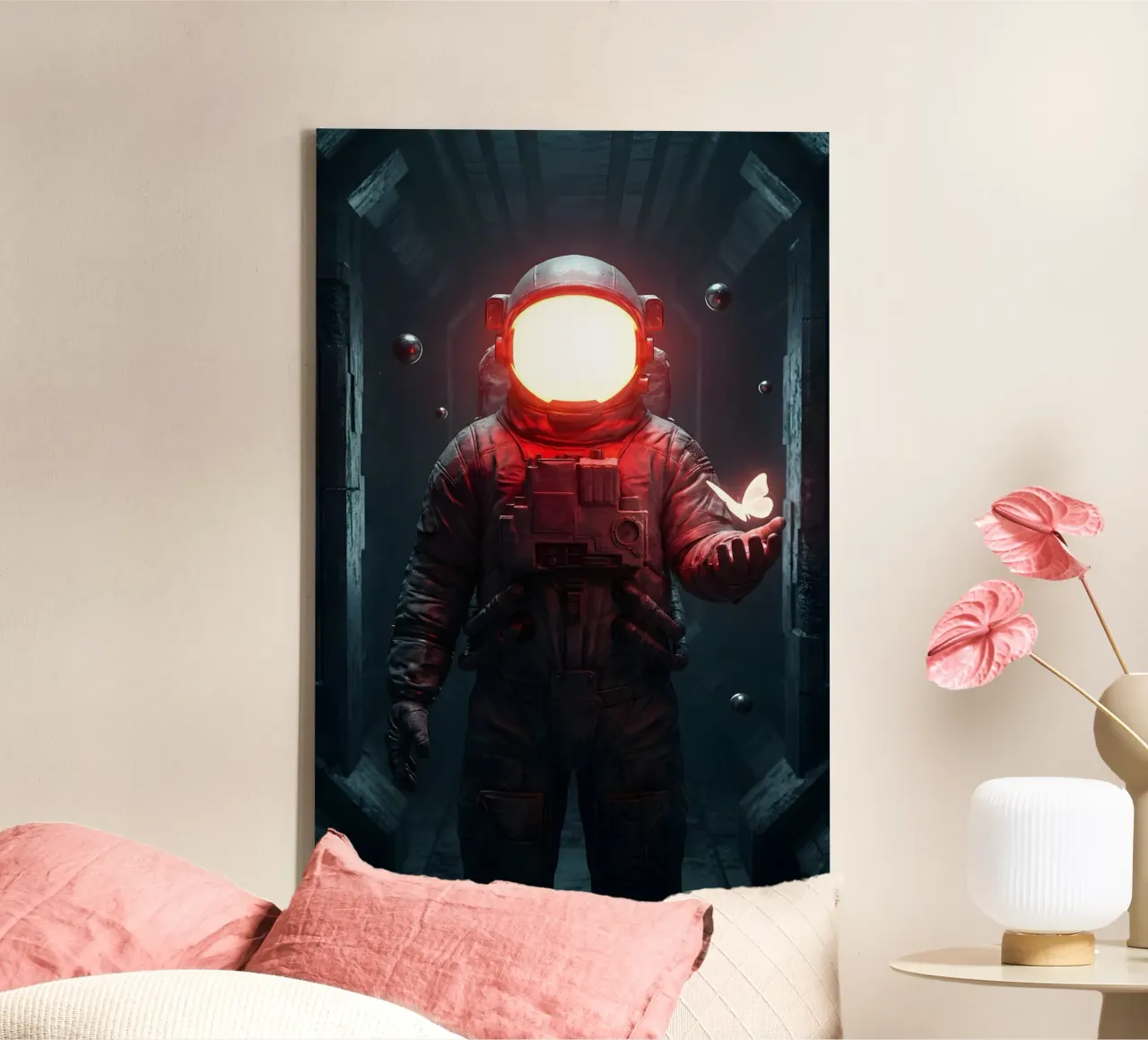 Astronauta di luce con in mano una farfalla in un futuro oscuro tela da Cosmic Reverie Creations