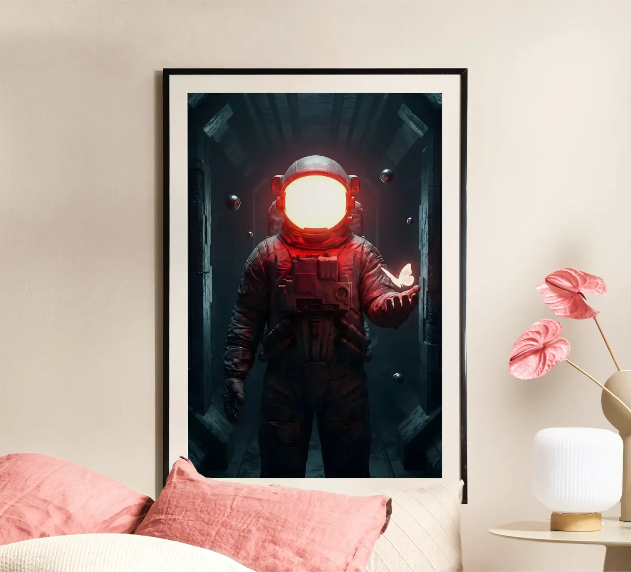 Astronauta di luce con in mano una farfalla in un futuro oscuro carta hahnemühle da Cosmic Reverie Creations