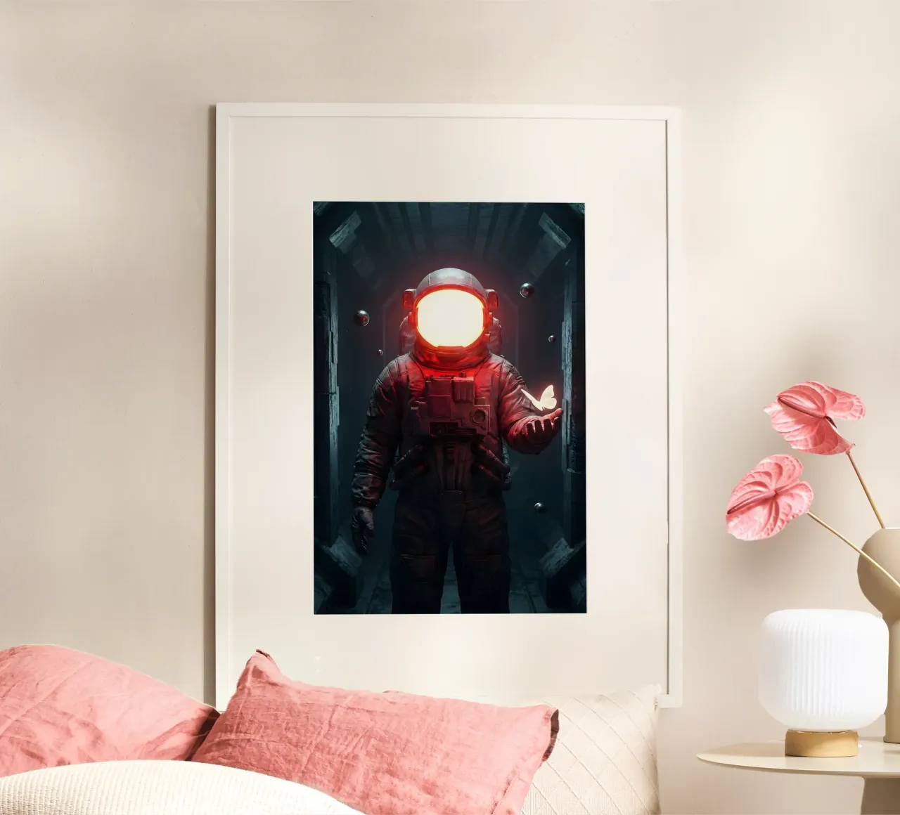 Astronauta di luce con in mano una farfalla in un futuro oscuro carta hahnemühle da Cosmic Reverie Creations