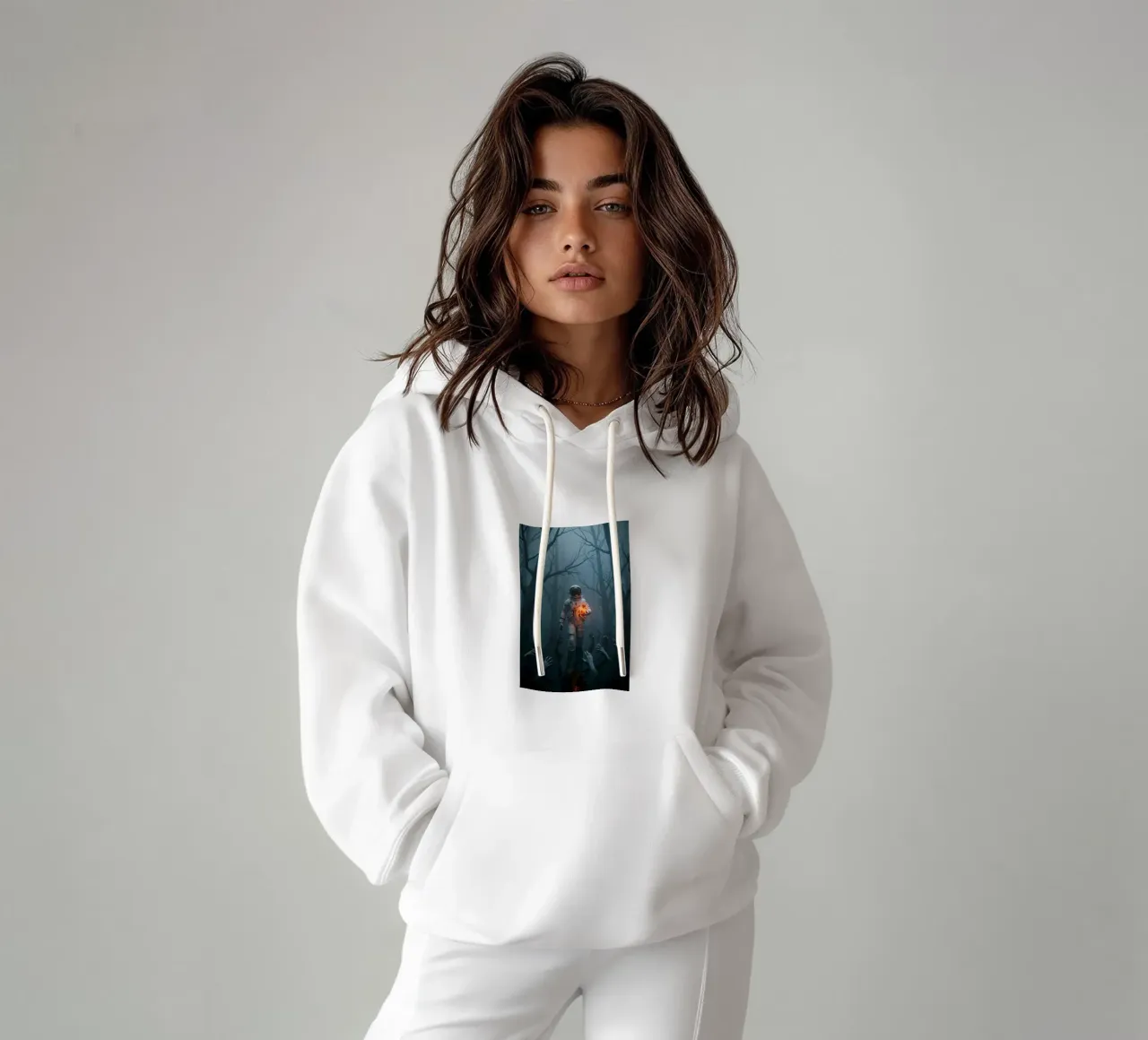 Astronauta in una foresta infestata con in mano un cuore luminoso felpa con cappuccio da Cosmic Reverie Creations