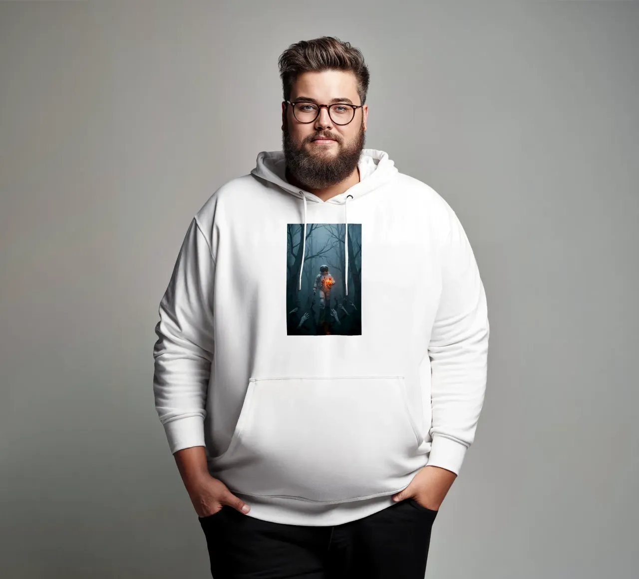 Astronauta in una foresta infestata con in mano un cuore luminoso felpa con cappuccio da Cosmic Reverie Creations