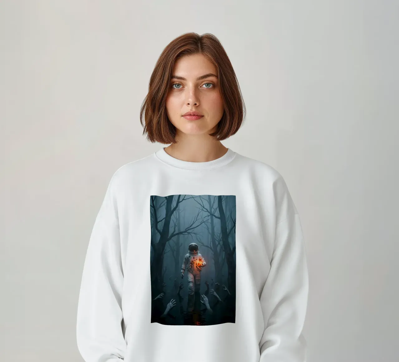 Astronauta in una foresta infestata con in mano un cuore luminoso felpa da Cosmic Reverie Creations