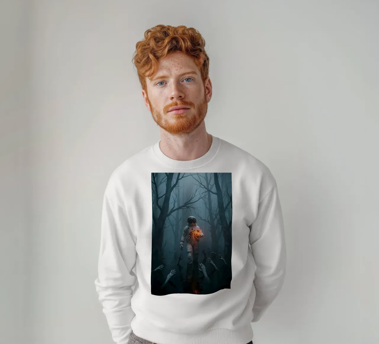 Astronauta in una foresta infestata con in mano un cuore luminoso felpa da Cosmic Reverie Creations