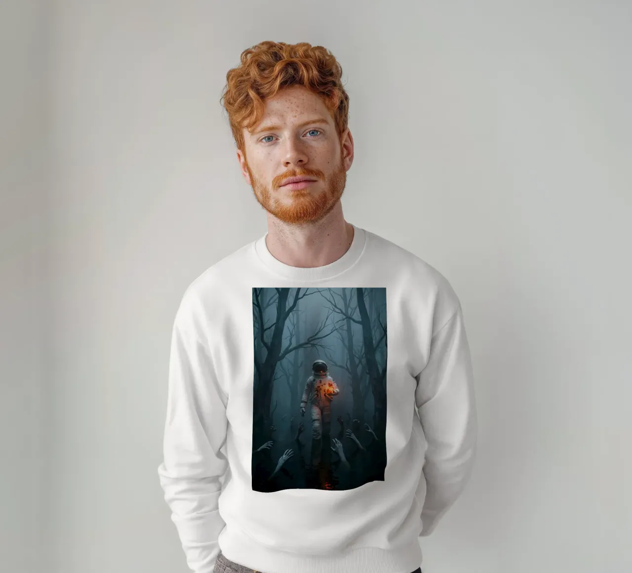 Astronauta in una foresta infestata con in mano un cuore luminoso felpa da Cosmic Reverie Creations